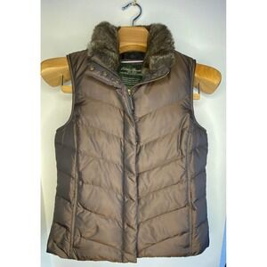 Eddie Bauer Womens Brown Down Vest Faux Fur Collar Premium Goose Down Size S